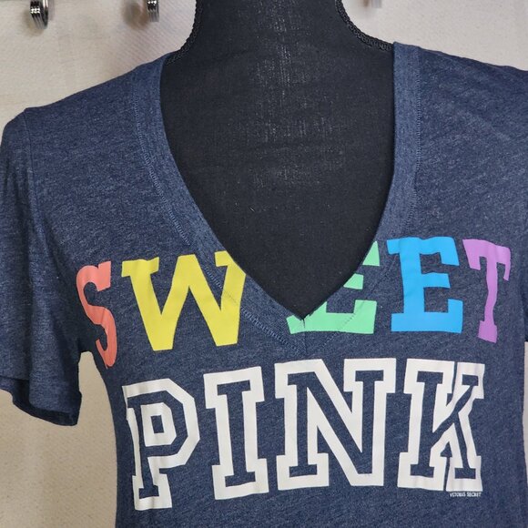 Victoria's Secret Navy Heather Sweet Pink Rainbow V Neck Short Sleeve Tee Size M - Picture 7 of 16